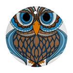 Owl Drawing Art Vintage Clothing Blue Feather Round Ornament (Two Sides) Back