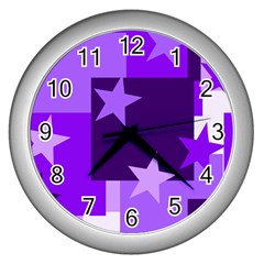 Purple Stars Pattern Shape Wall Clock (silver)