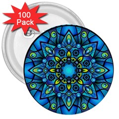 Mandala Blue Abstract Circle 3  Buttons (100 Pack)  by Simbadda