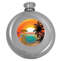 Sunset Beach Beach Palm Ocean Round Hip Flask (5 Oz)