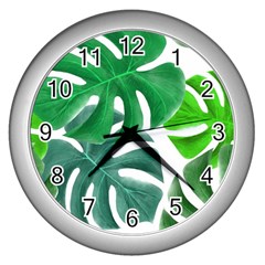 Tropical Greens Leaves Design Wall Clock (silver)