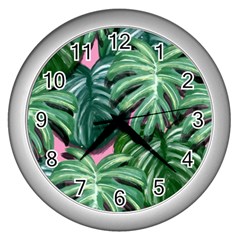 Painting Leaves Tropical Jungle Wall Clock (silver)