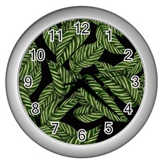 Leaves Black Background Pattern Wall Clock (silver)