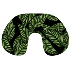 Leaves Black Background Pattern Travel Neck Pillow by Simbadda