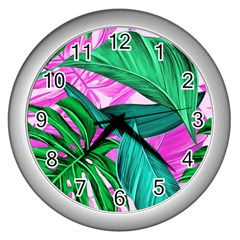 Tropical Greens Monstera Summer Wall Clock (silver)