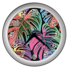 Leaves Tropical Jungle Pattern Wall Clock (silver)