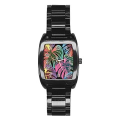 Leaves Tropical Jungle Pattern Stainless Steel Barrel Watch by Simbadda