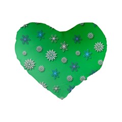 Snowflakes Winter Christmas Green Standard 16  Premium Flano Heart Shape Cushions by HermanTelo