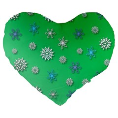 Snowflakes Winter Christmas Green Large 19  Premium Flano Heart Shape Cushions