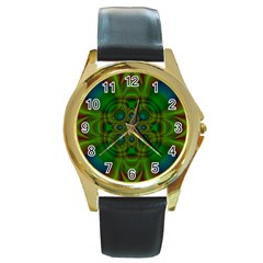 Abstract Background Design Green Round Gold Metal Watch