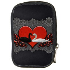 In Love, Wonderful Black And White Swan On A Heart Compact Camera Leather Case by FantasyWorld7