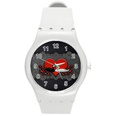 In Love, Wonderful Black And White Swan On A Heart Round Plastic Sport Watch (m) by FantasyWorld7