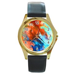 Orange Blue Texture                      Round Gold Metal Watch by LalyLauraFLM