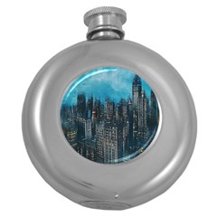 Cityscape Buildings Skyscraper Round Hip Flask (5 Oz) by Wegoenart