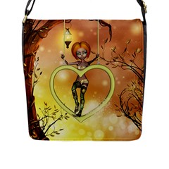 Cute Fairy  On A Swing Made By A Heart Flap Closure Messenger Bag (l) by FantasyWorld7