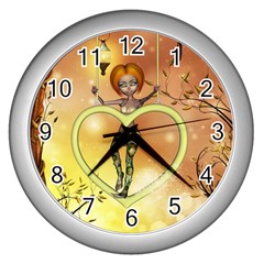 Cute Fairy  On A Swing Made By A Heart Wall Clock (silver) by FantasyWorld7