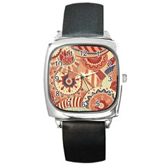 Pop Art Paisley Flowers Ornaments Multicolored 4 Square Metal Watch by EDDArt