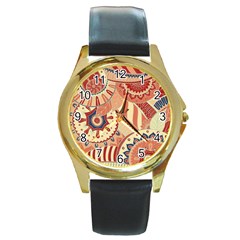 Pop Art Paisley Flowers Ornaments Multicolored 4 Round Gold Metal Watch by EDDArt