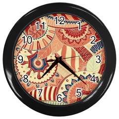 Pop Art Paisley Flowers Ornaments Multicolored 4 Background Solid Dark Red Wall Clock (black) by EDDArt