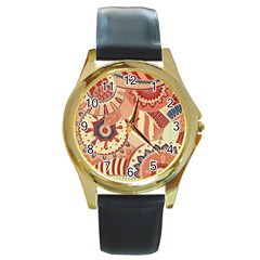 Pop Art Paisley Flowers Ornaments Multicolored 4 Background Solid Dark Red Round Gold Metal Watch by EDDArt