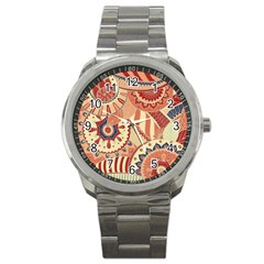 Pop Art Paisley Flowers Ornaments Multicolored 4 Background Solid Dark Red Sport Metal Watch by EDDArt