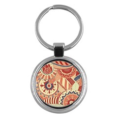 Pop Art Paisley Flowers Ornaments Multicolored 4 Background Solid Dark Red Key Chain (round) by EDDArt