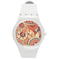 Pop Art Paisley Flowers Ornaments Multicolored 4 Background Solid Dark Red Round Plastic Sport Watch (m) by EDDArt