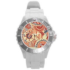 Pop Art Paisley Flowers Ornaments Multicolored 4 Background Solid Dark Red Round Plastic Sport Watch (l) by EDDArt