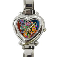 Modern Geometric Art   Dancing In The City Background Solid Dark Blue Heart Italian Charm Watch by EDDArt