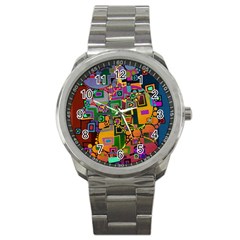 Modern Geometric Art   Dancing In The City Background Solid Dark Blue Sport Metal Watch by EDDArt