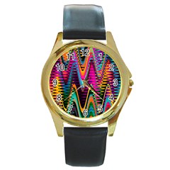 Multicolored Wave Distortion Zigzag Chevrons 2 Background Color Solid Black Round Gold Metal Watch