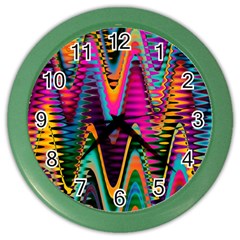 Multicolored Wave Distortion Zigzag Chevrons 2 Background Color Solid Black Color Wall Clock by EDDArt