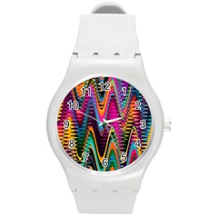 Multicolored Wave Distortion Zigzag Chevrons 2 Background Color Solid Black Round Plastic Sport Watch (m) by EDDArt
