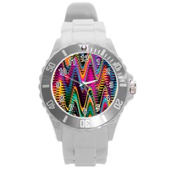 Multicolored Wave Distortion Zigzag Chevrons 2 Background Color Solid Black Round Plastic Sport Watch (l) by EDDArt