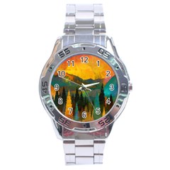 Trees Mountains Sun Sunrise Warm Stainless Steel Analogue Watch by Pakrebo