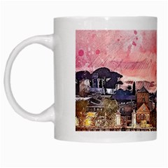 City Buildings Bridge Water River White Mugs by Pakrebo