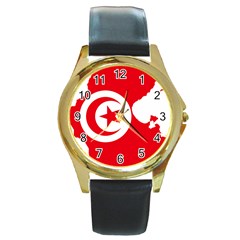 Tunisia Flag Map Geography Outline Round Gold Metal Watch