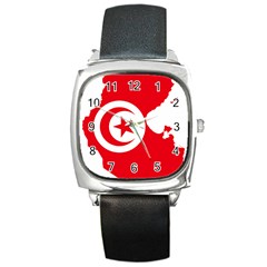 Tunisia Flag Map Geography Outline Square Metal Watch