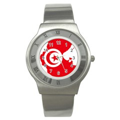 Tunisia Flag Map Geography Outline Stainless Steel Watch