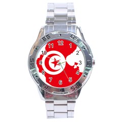 Tunisia Flag Map Geography Outline Stainless Steel Analogue Watch