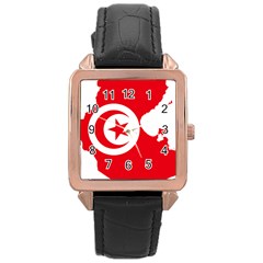 Tunisia Flag Map Geography Outline Rose Gold Leather Watch 