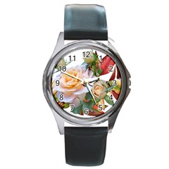 Autumn Leaves Roses Flowers Garden Round Metal Watch by Pakrebo