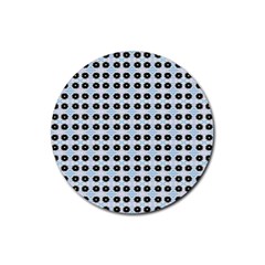 Black Flower On Blue White Pattern Rubber Round Coaster (4 Pack) 