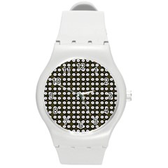 White Flower Pattern On Yellow Black Round Plastic Sport Watch (m) by BrightVibesDesign