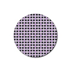 Black Flower On Pink White Pattern Rubber Round Coaster (4 Pack) 