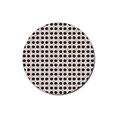 Black Flower On Yellow White Pattern Rubber Round Coaster (4 Pack) 