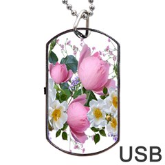 Flowers Roses Pink White Blooms Dog Tag Usb Flash (two Sides) by Simbadda