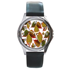 Leaves Autumn Fall Colorful Round Metal Watch by Simbadda