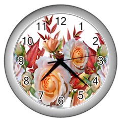 Roses Flowers Leaves Nandina Wall Clock (silver)