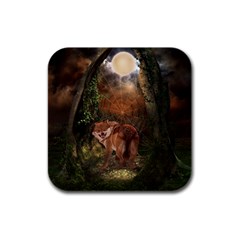 Awesome Wolf In The Darkness Of The Night Rubber Square Coaster (4 Pack)  by FantasyWorld7